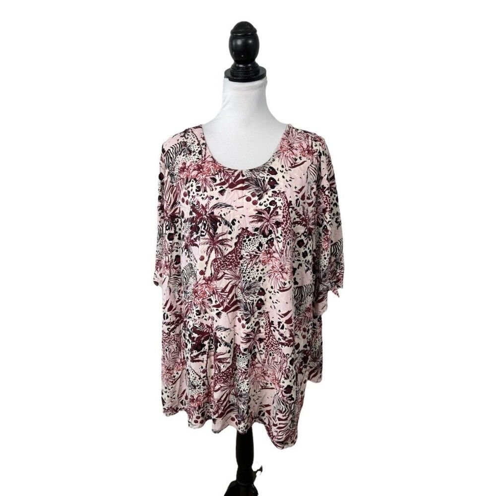Ellos Blouse Plus Size 26 Pink Cottagecore Floral Chiffon Short Sleeve Pullover